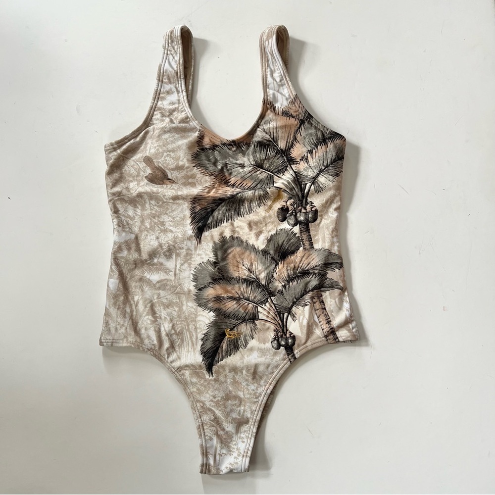 Bossa Nossa Tan Tropical Bird Jungle Leaves One Piece Bodysuit